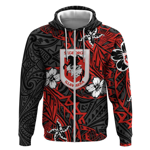 Personalised St. George Illawarra Dragons Hoodie Polynesian Tribal Pattern With Rugby Dragon Mascot Art