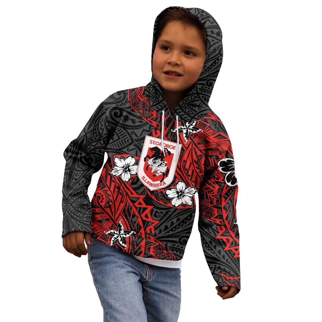 Personalised St. George Illawarra Dragons Kid Hoodie Polynesian Tribal Pattern With Rugby Dragon Mascot Art