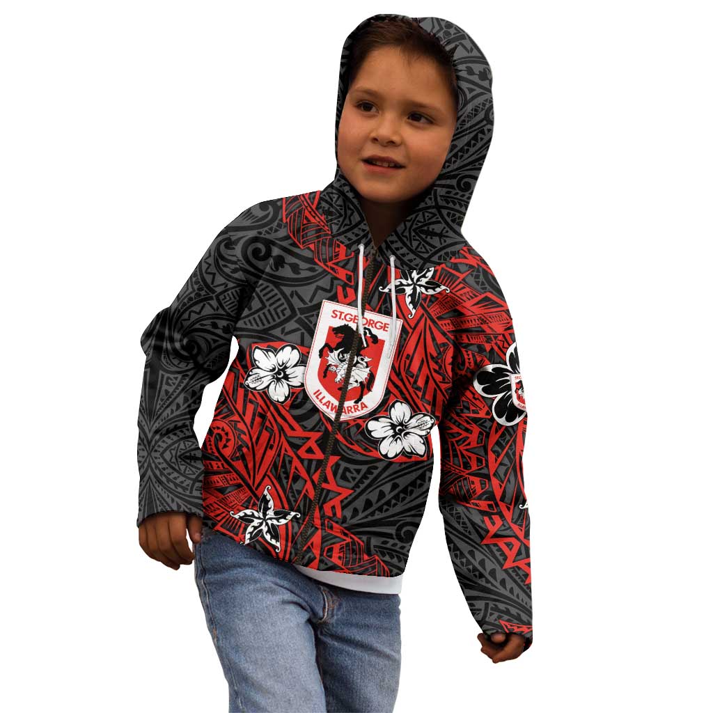 Personalised St. George Illawarra Dragons Kid Hoodie Polynesian Tribal Pattern With Rugby Dragon Mascot Art