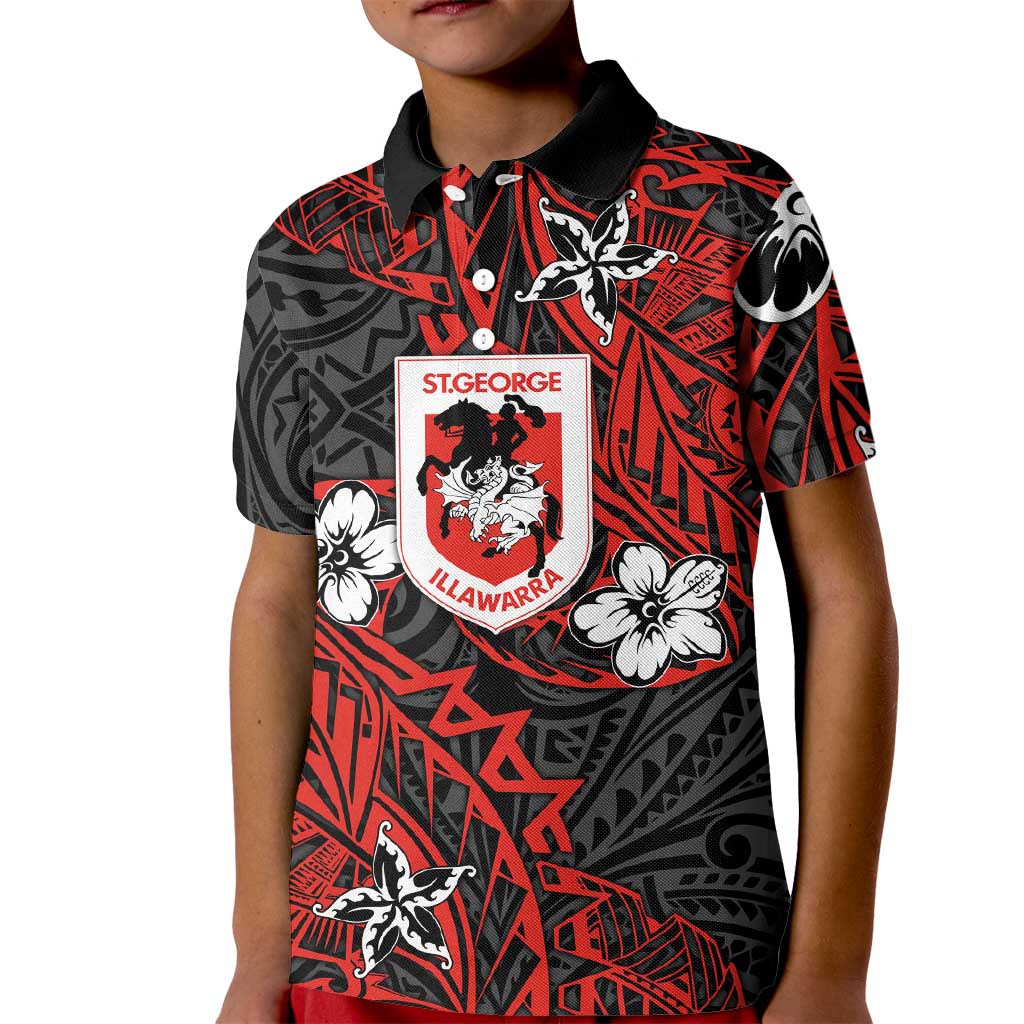 Personalised St. George Illawarra Dragons Kid Polo Shirt Polynesian Tribal Pattern With Rugby Dragon Mascot Art