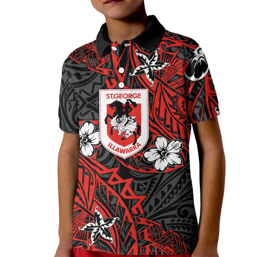 Personalised St. George Illawarra Dragons Kid Polo Shirt Polynesian Tribal Pattern With Rugby Dragon Mascot Art