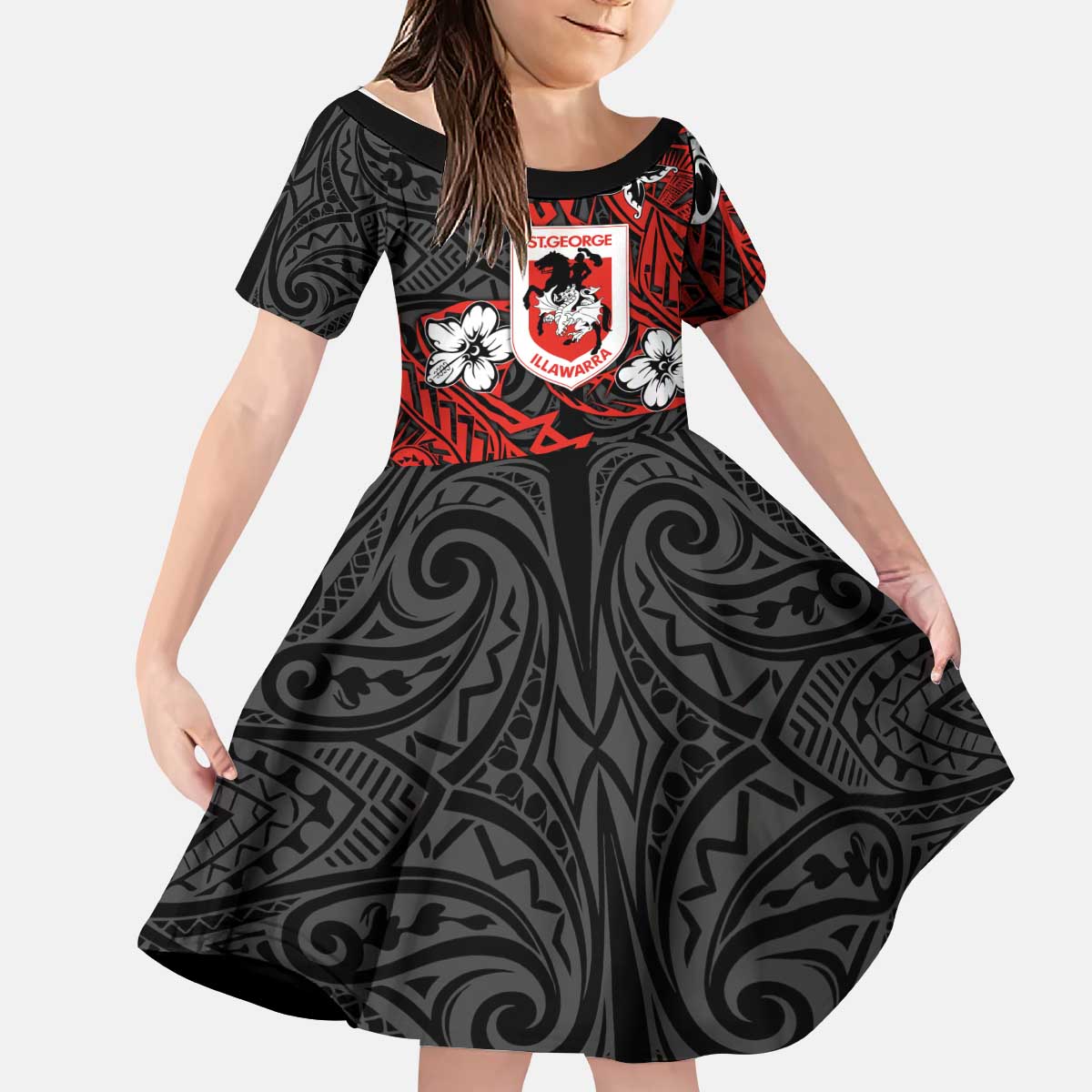 Personalised St. George Illawarra Dragons Kid Short Sleeve Dress Polynesian Tribal Pattern With Rugby Dragon Mascot Art
