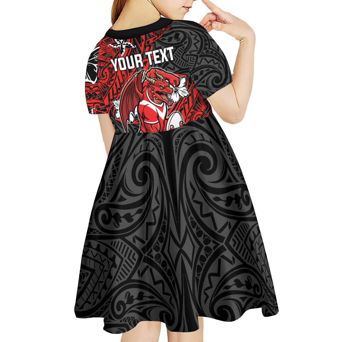 Personalised St. George Illawarra Dragons Kid Short Sleeve Dress Polynesian Tribal Pattern With Rugby Dragon Mascot Art