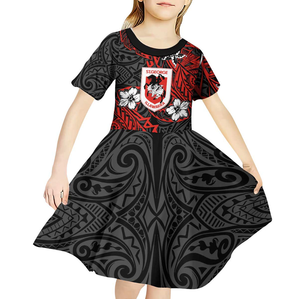 Personalised St. George Illawarra Dragons Kid Short Sleeve Dress Polynesian Tribal Pattern With Rugby Dragon Mascot Art