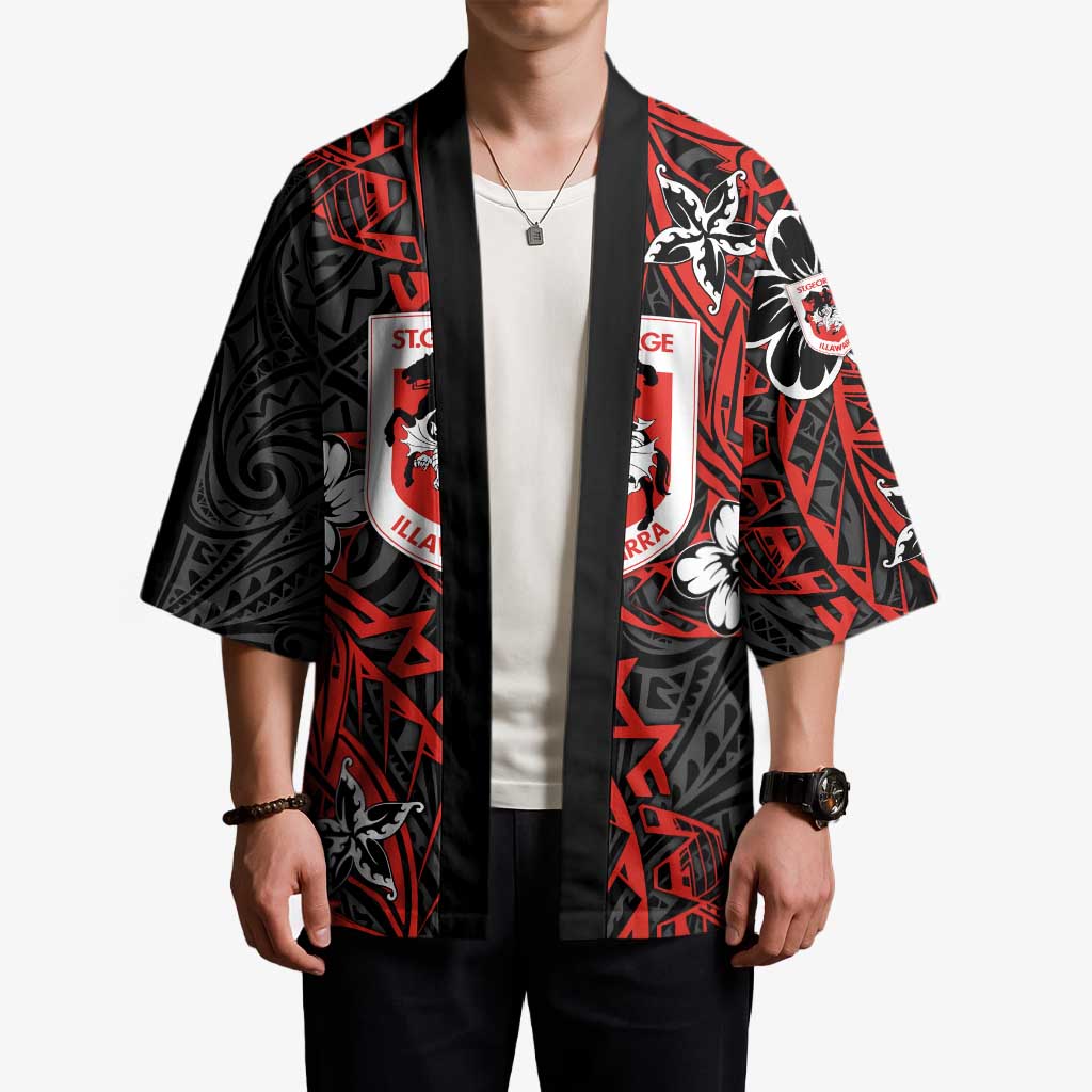 Personalised St. George Illawarra Dragons Kimono Polynesian Tribal Pattern With Rugby Dragon Mascot Art