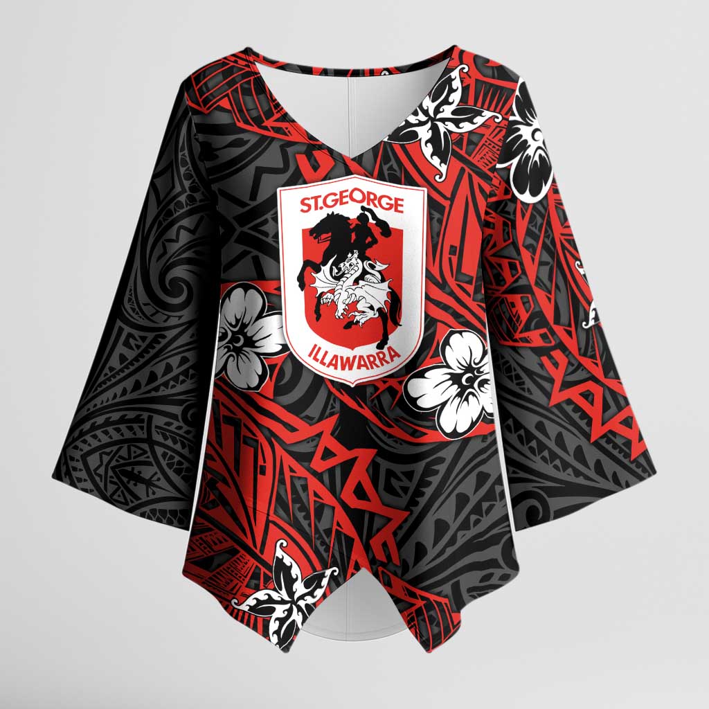 Personalised St. George Illawarra Dragons Kimono Sleeve Blouse Polynesian Tribal Pattern With Rugby Dragon Mascot Art