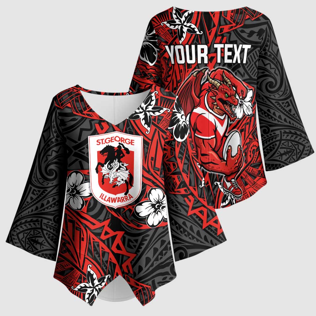 Personalised St. George Illawarra Dragons Kimono Sleeve Blouse Polynesian Tribal Pattern With Rugby Dragon Mascot Art