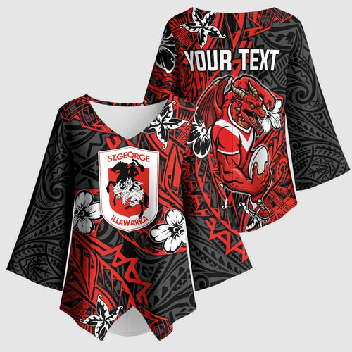 Personalised St. George Illawarra Dragons Kimono Sleeve Blouse Polynesian Tribal Pattern With Rugby Dragon Mascot Art