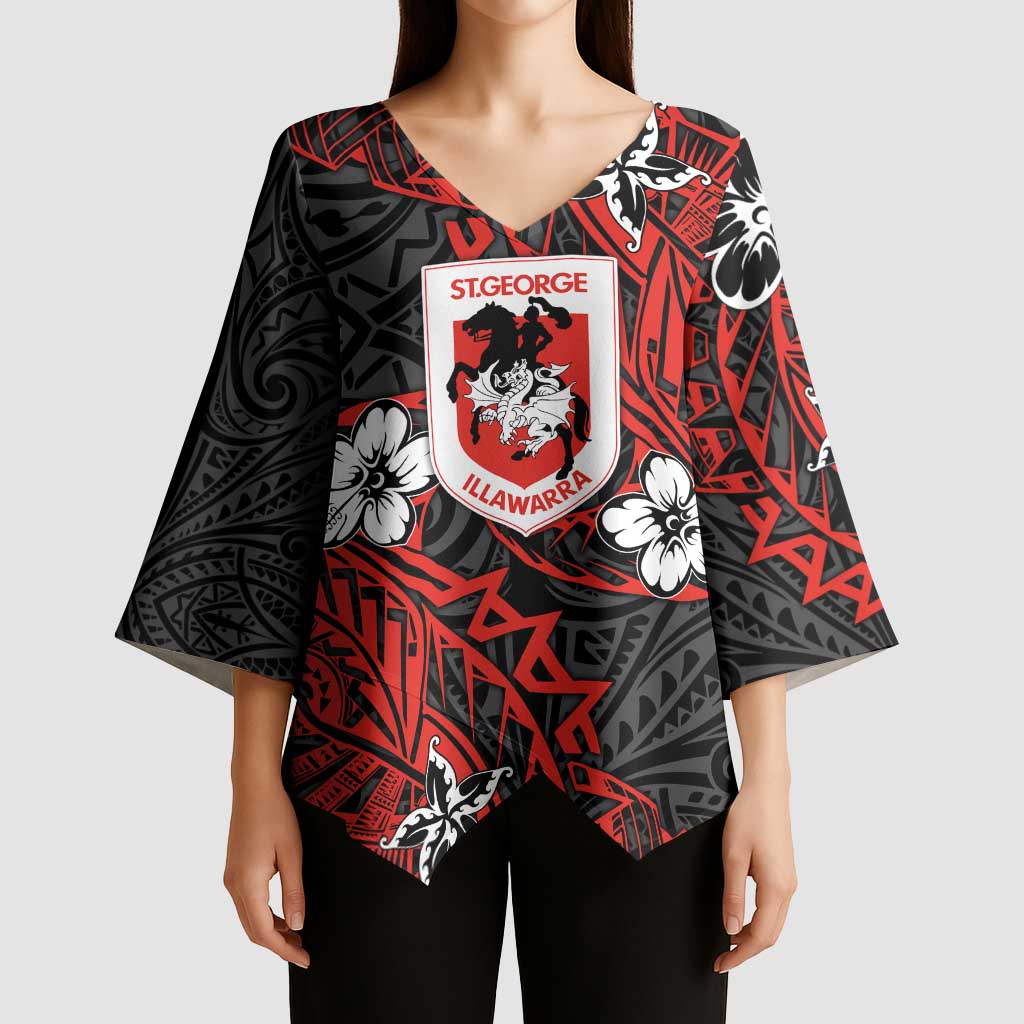 Personalised St. George Illawarra Dragons Kimono Sleeve Blouse Polynesian Tribal Pattern With Rugby Dragon Mascot Art