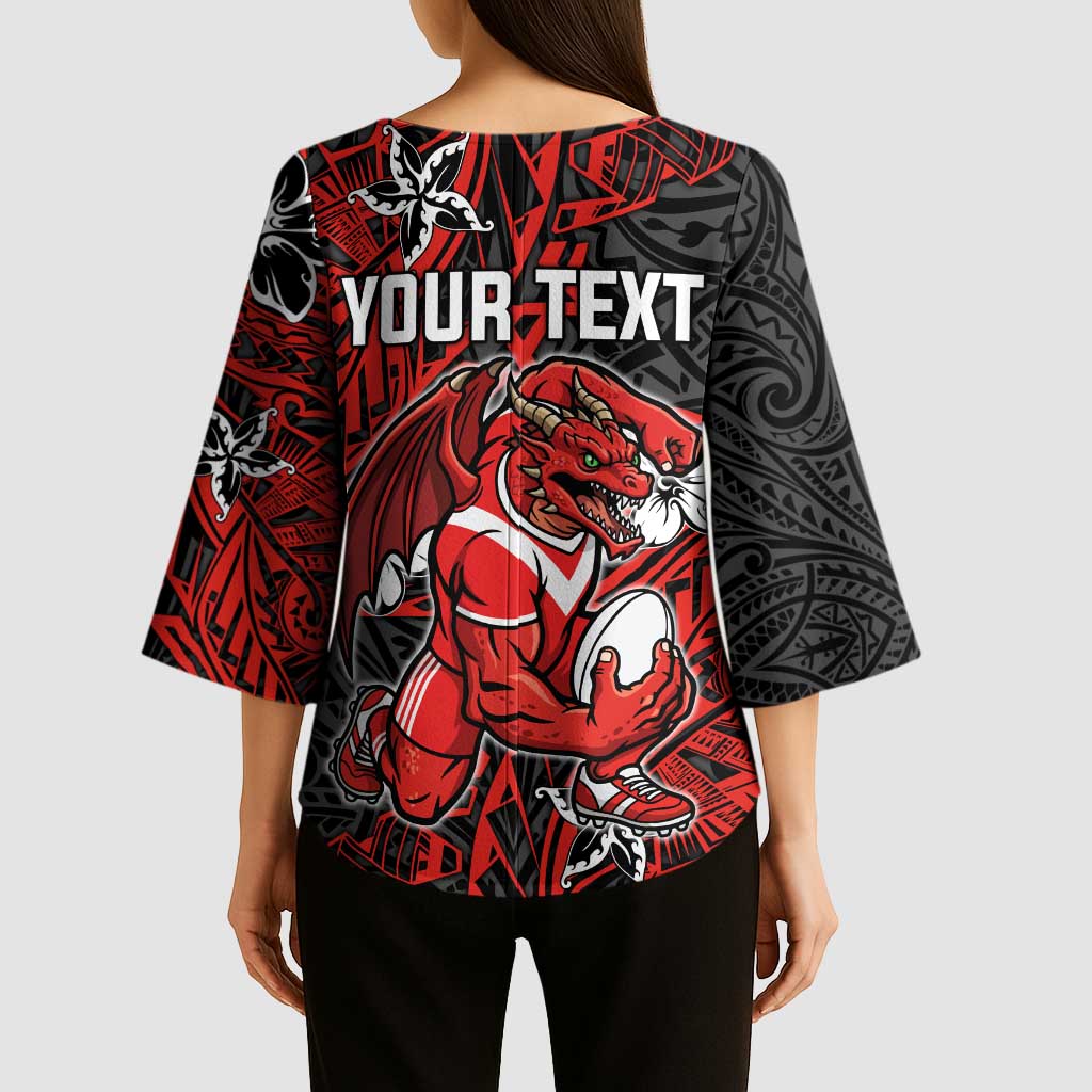 Personalised St. George Illawarra Dragons Kimono Sleeve Blouse Polynesian Tribal Pattern With Rugby Dragon Mascot Art