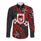 Personalised St. George Illawarra Dragons Long Sleeve Button Shirt Polynesian Tribal Pattern With Rugby Dragon Mascot Art