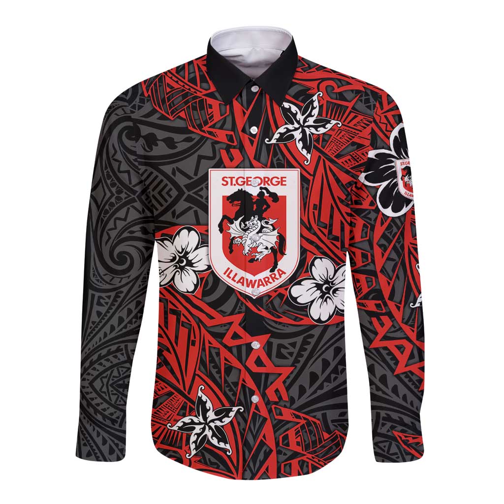 Personalised St. George Illawarra Dragons Long Sleeve Button Shirt Polynesian Tribal Pattern With Rugby Dragon Mascot Art