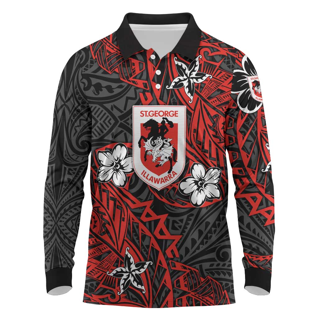 Personalised St. George Illawarra Dragons Long Sleeve Polo Shirt Polynesian Tribal Pattern With Rugby Dragon Mascot Art
