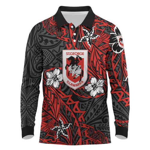 Personalised St. George Illawarra Dragons Long Sleeve Polo Shirt Polynesian Tribal Pattern With Rugby Dragon Mascot Art