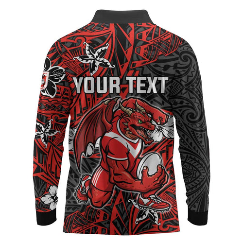 Personalised St. George Illawarra Dragons Long Sleeve Polo Shirt Polynesian Tribal Pattern With Rugby Dragon Mascot Art