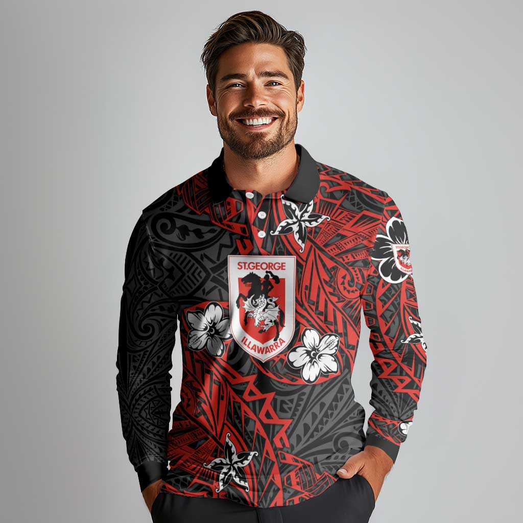 Personalised St. George Illawarra Dragons Long Sleeve Polo Shirt Polynesian Tribal Pattern With Rugby Dragon Mascot Art