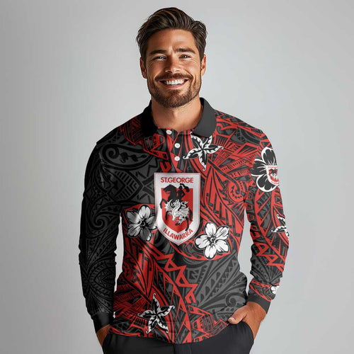 Personalised St. George Illawarra Dragons Long Sleeve Polo Shirt Polynesian Tribal Pattern With Rugby Dragon Mascot Art