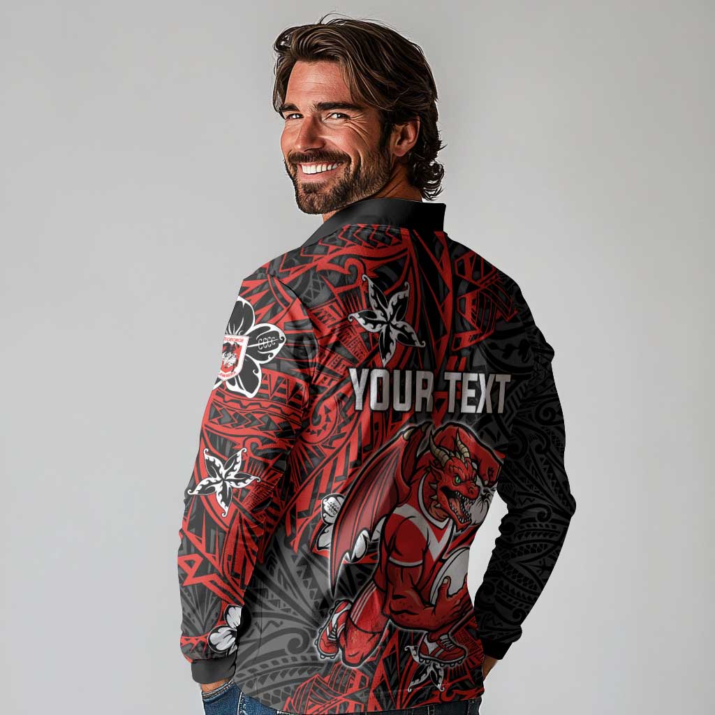 Personalised St. George Illawarra Dragons Long Sleeve Polo Shirt Polynesian Tribal Pattern With Rugby Dragon Mascot Art