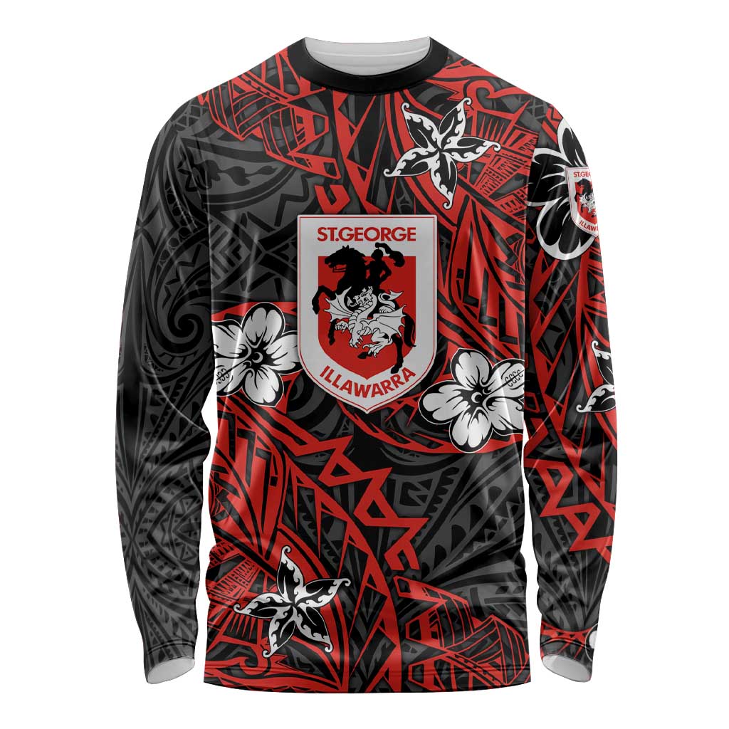 Personalised St. George Illawarra Dragons Long Sleeve Shirt Polynesian Tribal Pattern With Rugby Dragon Mascot Art