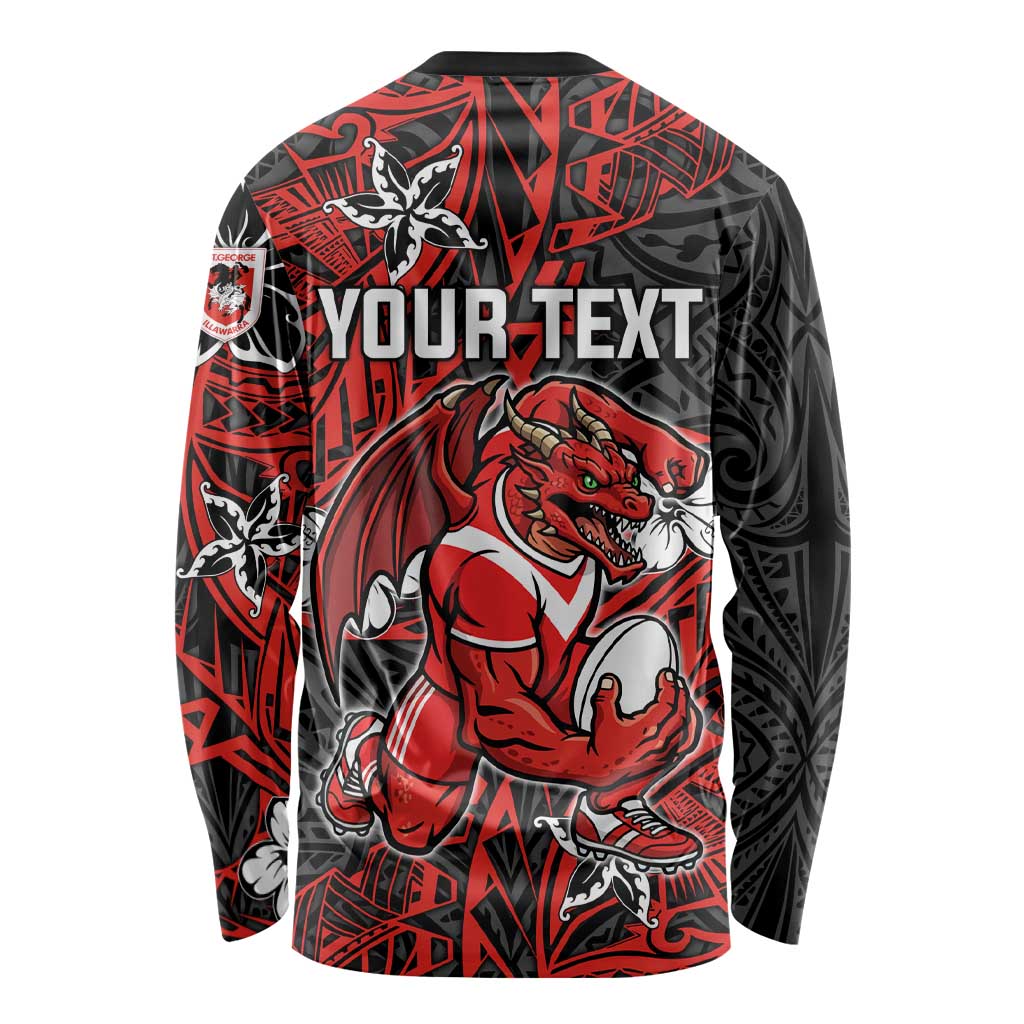 Personalised St. George Illawarra Dragons Long Sleeve Shirt Polynesian Tribal Pattern With Rugby Dragon Mascot Art