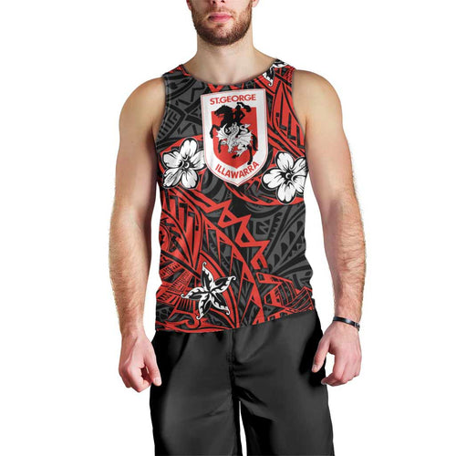 Personalised St. George Illawarra Dragons Men Tank Top Polynesian Tribal Pattern With Rugby Dragon Mascot Art