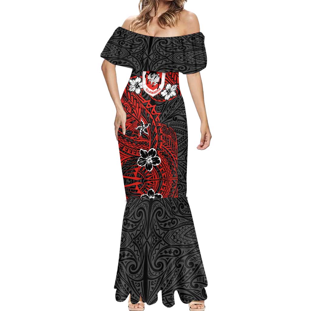 Personalised St. George Illawarra Dragons Mermaid Dress Polynesian Tribal Pattern With Rugby Dragon Mascot Art
