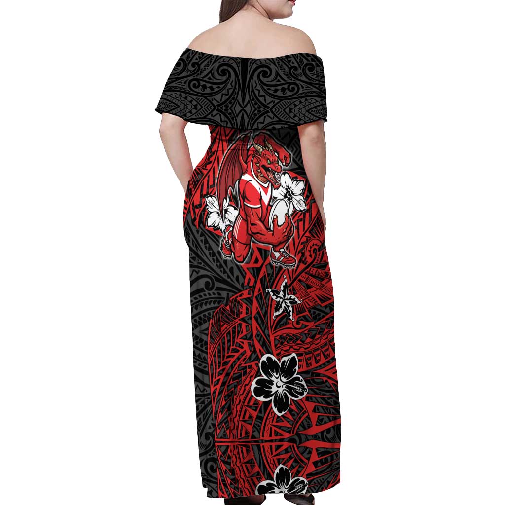 Personalised St. George Illawarra Dragons Off Shoulder Maxi Dress Polynesian Tribal Pattern With Rugby Dragon Mascot Art