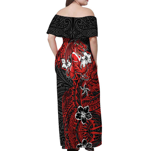 Personalised St. George Illawarra Dragons Off Shoulder Maxi Dress Polynesian Tribal Pattern With Rugby Dragon Mascot Art