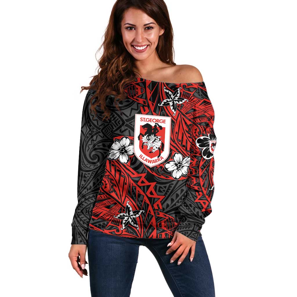 Personalised St. George Illawarra Dragons Off Shoulder Sweater Polynesian Tribal Pattern With Rugby Dragon Mascot Art