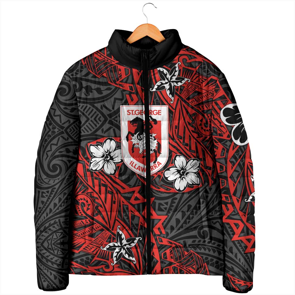 Personalised St. George Illawarra Dragons Padded Jacket Polynesian Tribal Pattern With Rugby Dragon Mascot Art