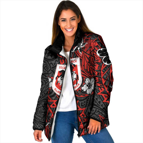 Personalised St. George Illawarra Dragons Padded Jacket Polynesian Tribal Pattern With Rugby Dragon Mascot Art