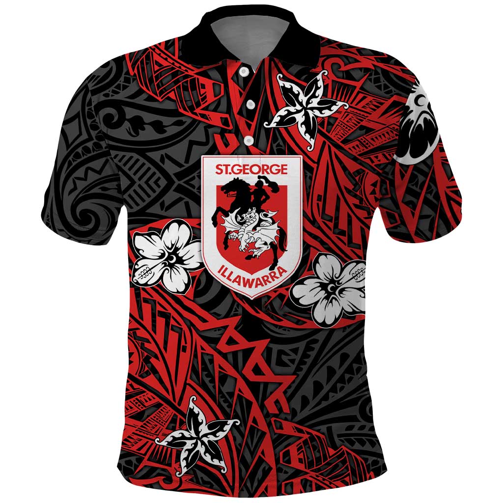 Personalised St. George Illawarra Dragons Polo Shirt Polynesian Tribal Pattern With Rugby Dragon Mascot Art