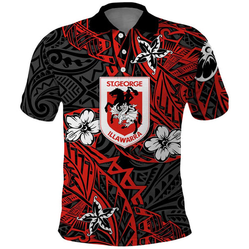 Personalised St. George Illawarra Dragons Polo Shirt Polynesian Tribal Pattern With Rugby Dragon Mascot Art