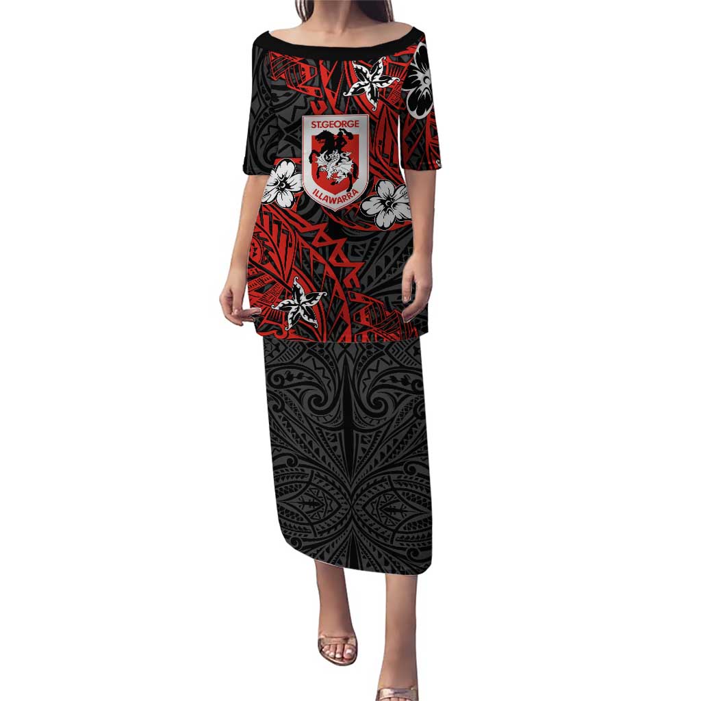 Personalised St. George Illawarra Dragons Puletasi Polynesian Tribal Pattern With Rugby Dragon Mascot Art