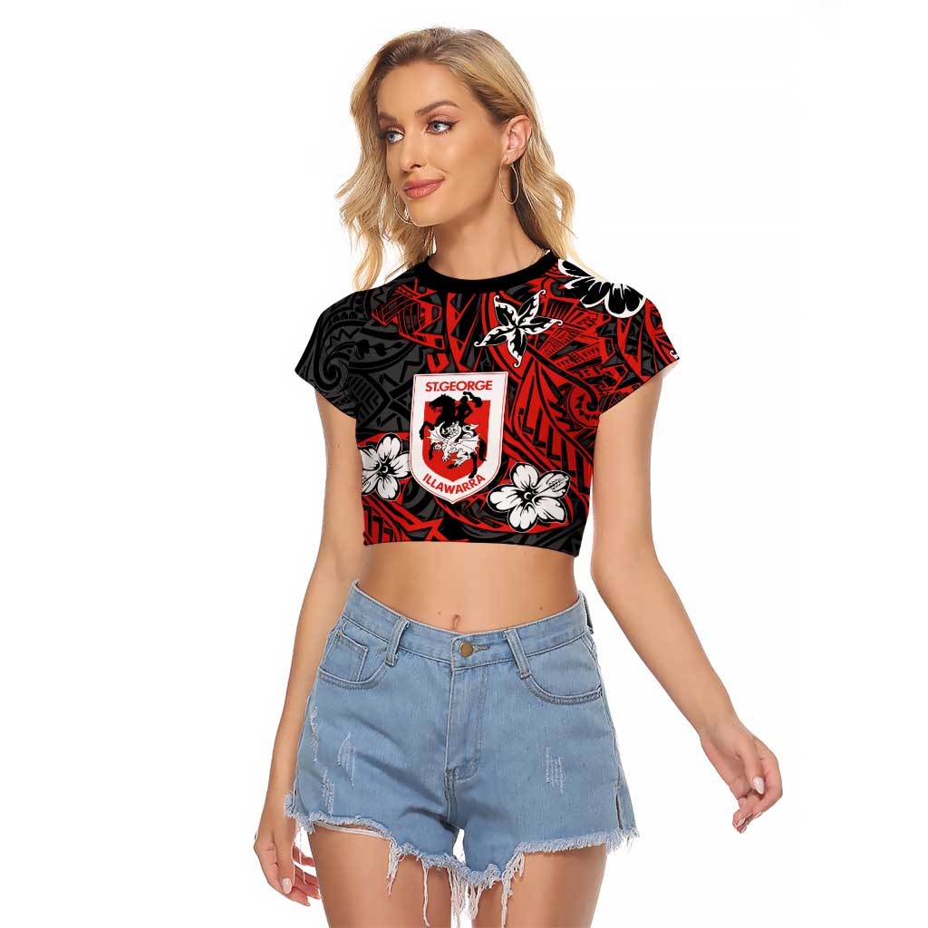 Personalised St. George Illawarra Dragons Raglan Cropped T Shirt Polynesian Tribal Pattern With Rugby Dragon Mascot Art