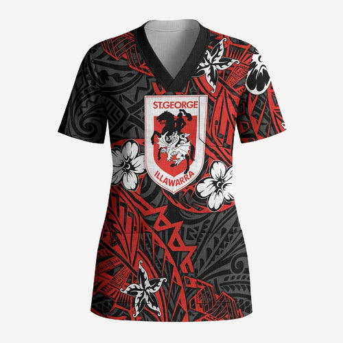 Personalised St. George Illawarra Dragons Scrub Top Polynesian Tribal Pattern With Rugby Dragon Mascot Art
