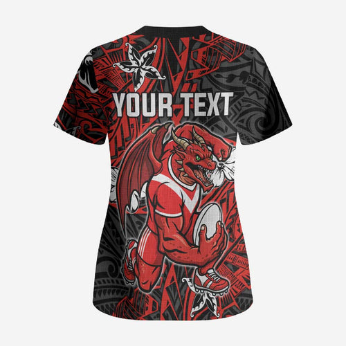 Personalised St. George Illawarra Dragons Scrub Top Polynesian Tribal Pattern With Rugby Dragon Mascot Art