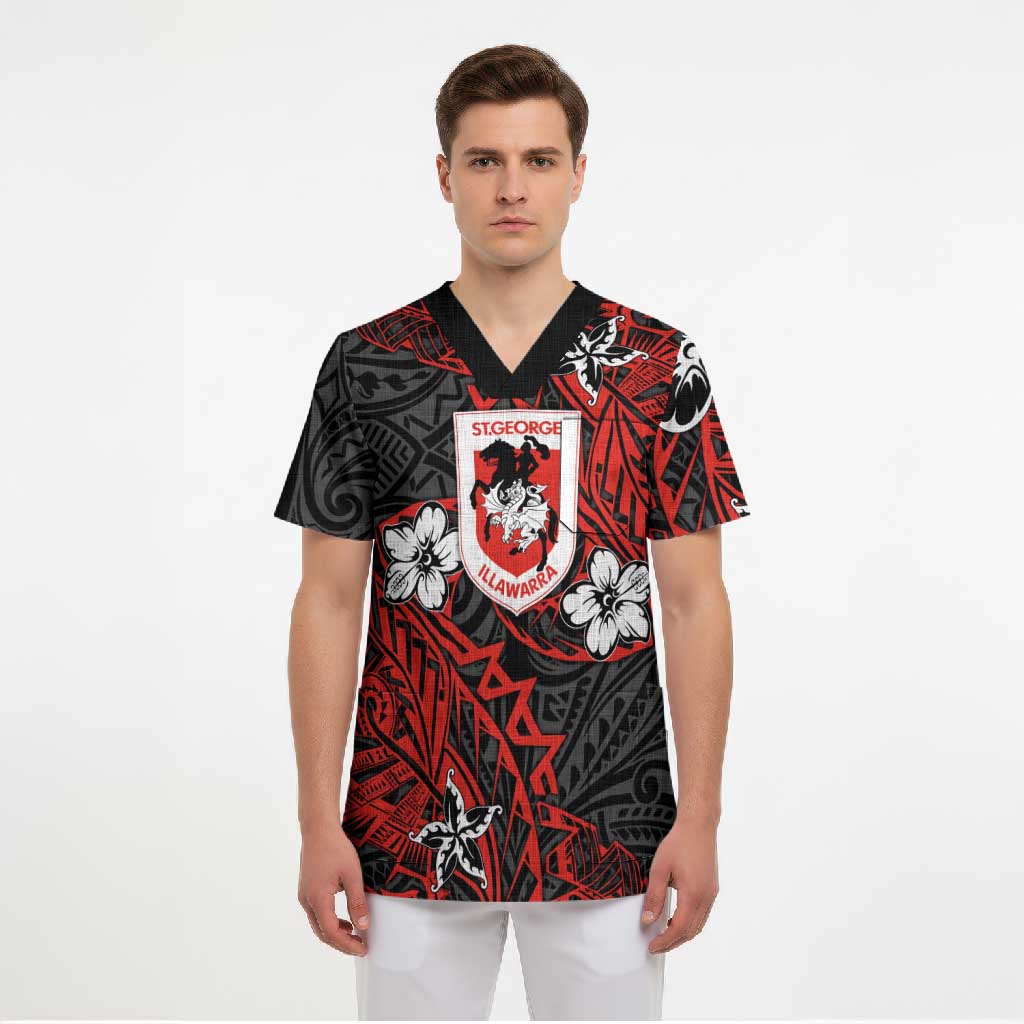 Personalised St. George Illawarra Dragons Scrub Top Polynesian Tribal Pattern With Rugby Dragon Mascot Art