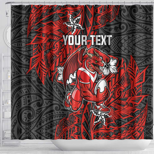 Personalised St. George Illawarra Dragons Shower Curtain Polynesian Tribal Pattern With Rugby Dragon Mascot Art
