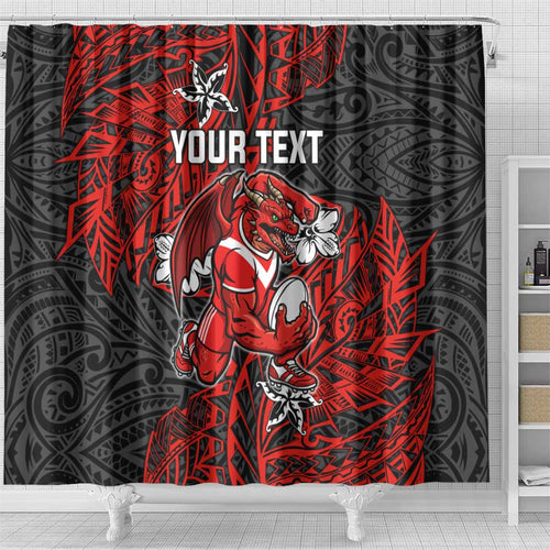Personalised St. George Illawarra Dragons Shower Curtain Polynesian Tribal Pattern With Rugby Dragon Mascot Art