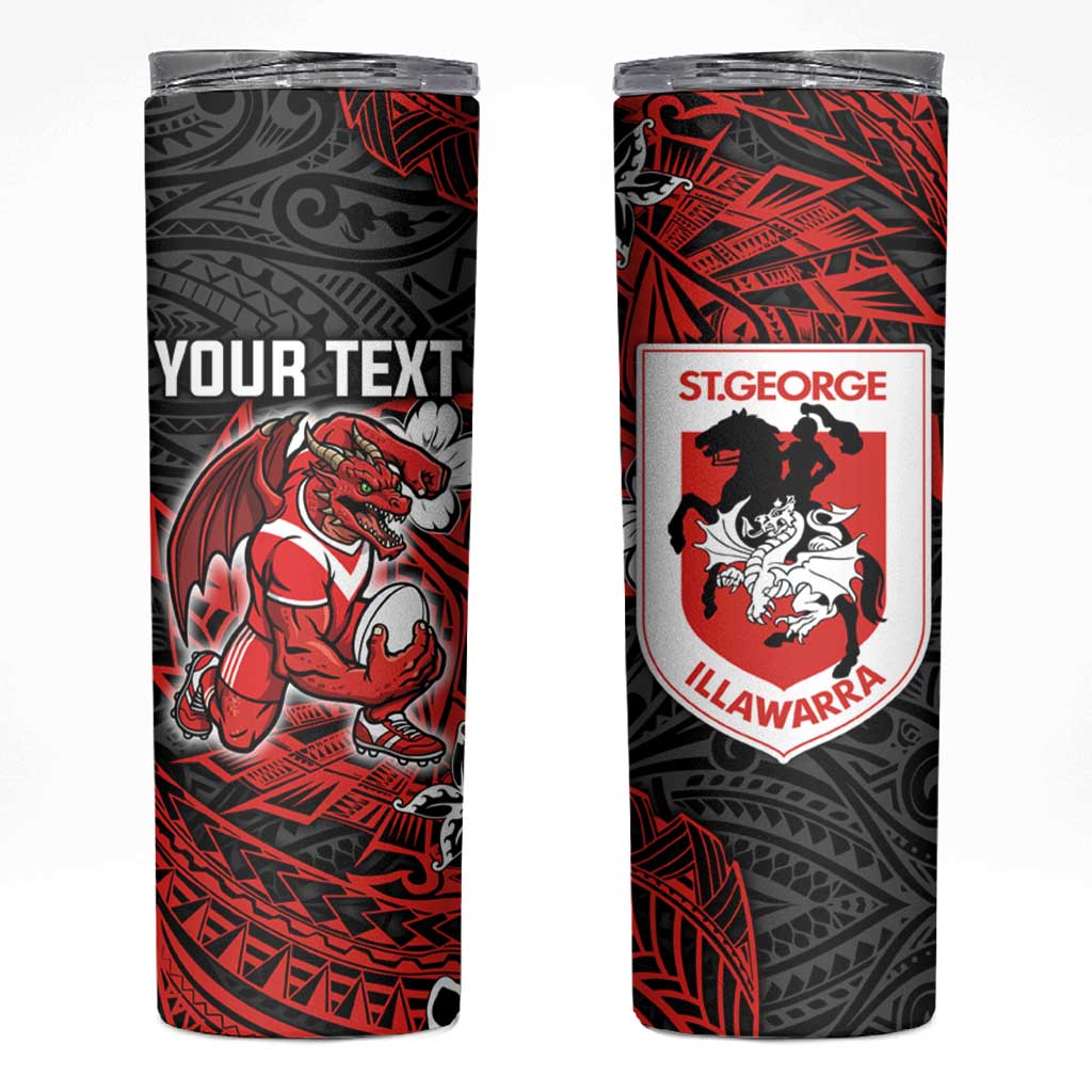 Personalised St. George Illawarra Dragons Skinny Tumbler Polynesian Tribal Pattern With Rugby Dragon Mascot Art