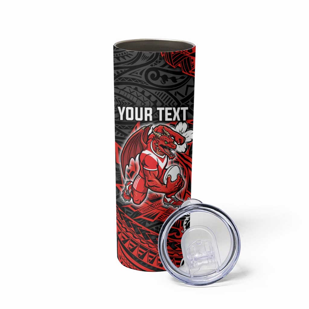 Personalised St. George Illawarra Dragons Skinny Tumbler Polynesian Tribal Pattern With Rugby Dragon Mascot Art