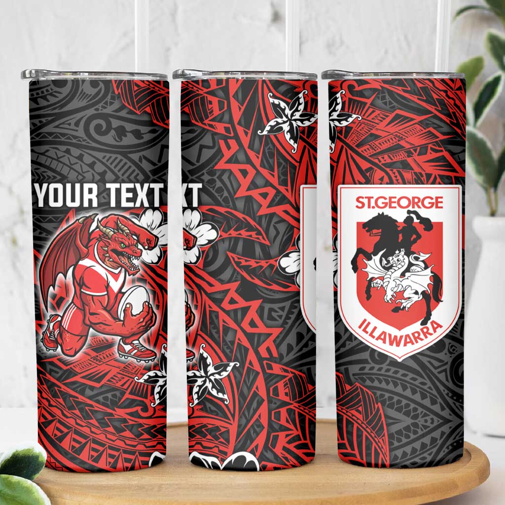 Personalised St. George Illawarra Dragons Skinny Tumbler Polynesian Tribal Pattern With Rugby Dragon Mascot Art