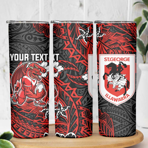 Personalised St. George Illawarra Dragons Skinny Tumbler Polynesian Tribal Pattern With Rugby Dragon Mascot Art