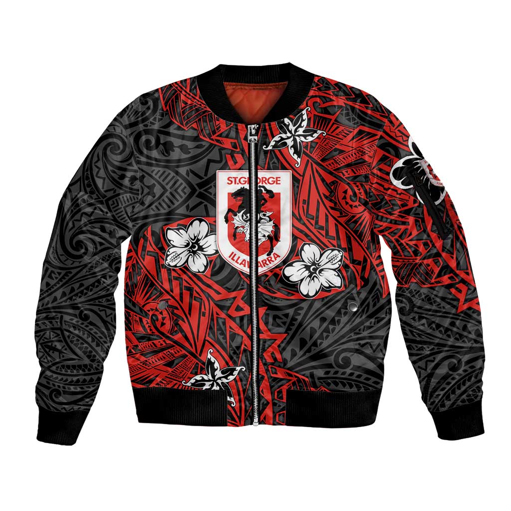 Personalised St. George Illawarra Dragons Sleeve Zip Bomber Jacket Polynesian Tribal Pattern With Rugby Dragon Mascot Art