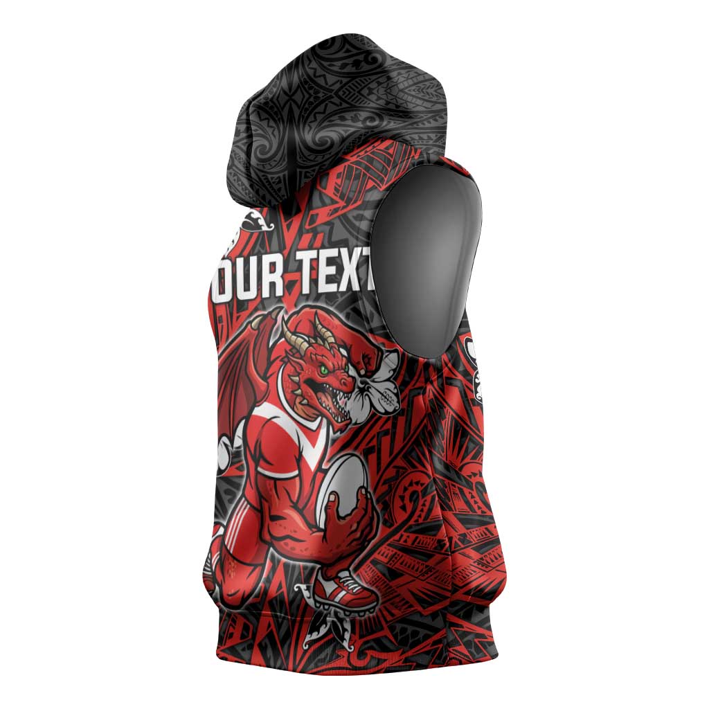 Personalised St. George Illawarra Dragons Sleeveless Hoodie Polynesian Tribal Pattern With Rugby Dragon Mascot Art