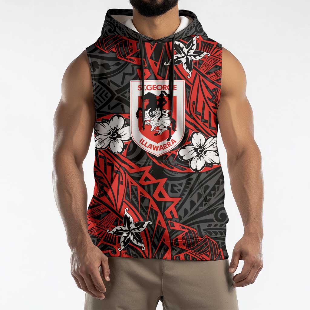 Personalised St. George Illawarra Dragons Sleeveless Hoodie Polynesian Tribal Pattern With Rugby Dragon Mascot Art