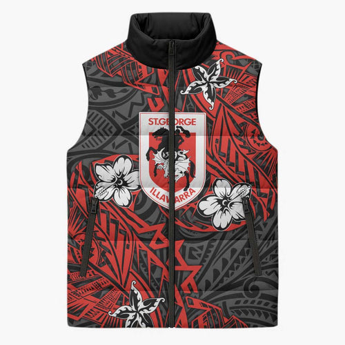 Personalised St. George Illawarra Dragons Sleeveless Puffer Jacket Polynesian Tribal Pattern With Rugby Dragon Mascot Art