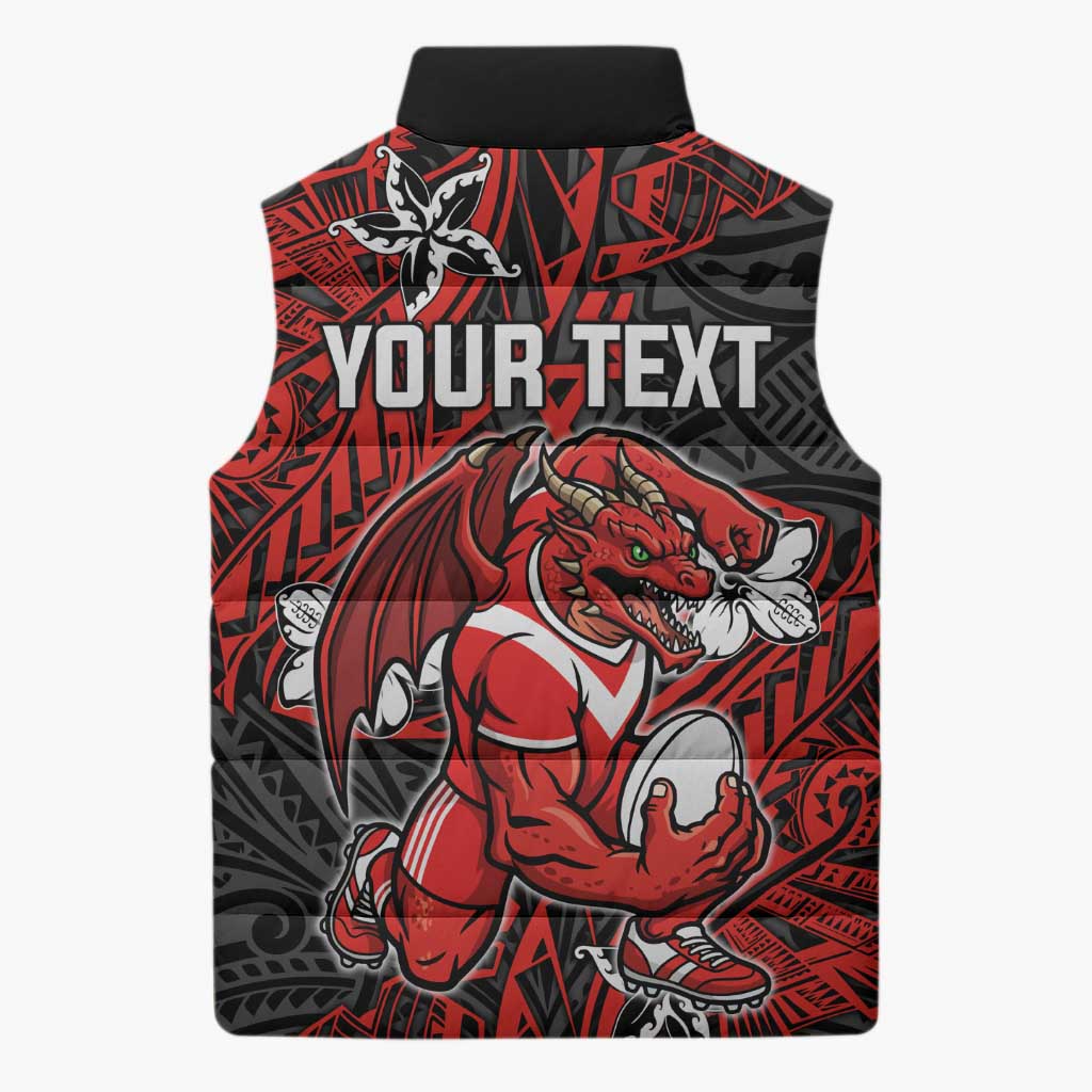 Personalised St. George Illawarra Dragons Sleeveless Puffer Jacket Polynesian Tribal Pattern With Rugby Dragon Mascot Art