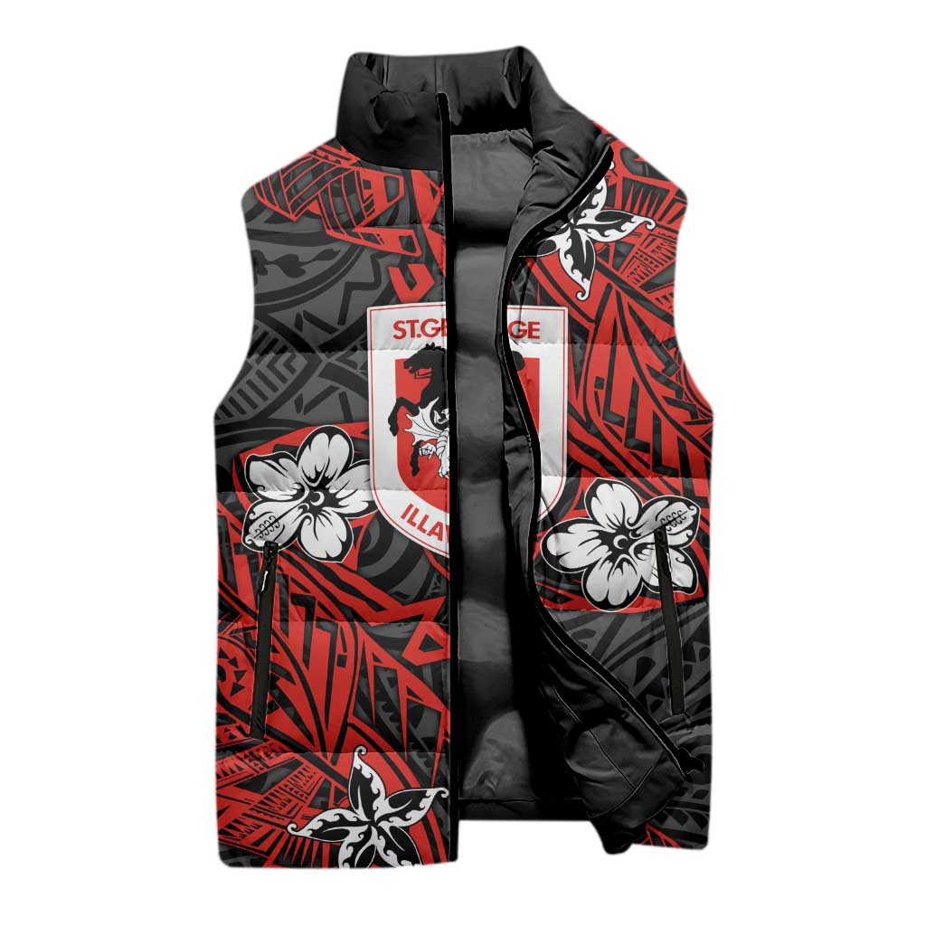 Personalised St. George Illawarra Dragons Sleeveless Puffer Jacket Polynesian Tribal Pattern With Rugby Dragon Mascot Art